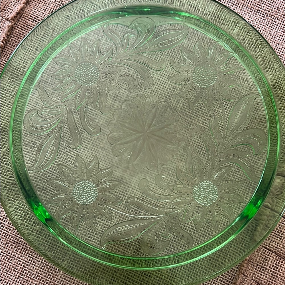 Depression Glass Green Sunflower Cake Plate